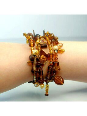 Amber Brown Beaded Wire Wrap Spiral Bracelet Adjustable Boho
